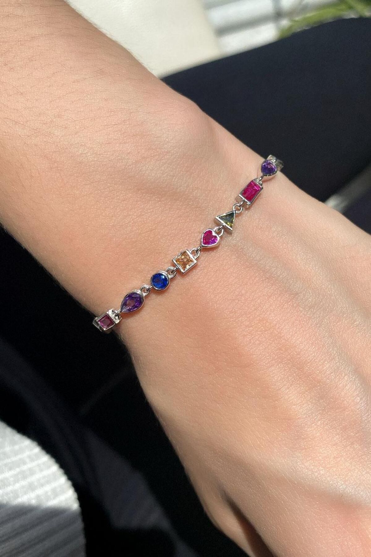 Spossy Silver Jewelry Geometrik Renkli Taşlı Bileklik