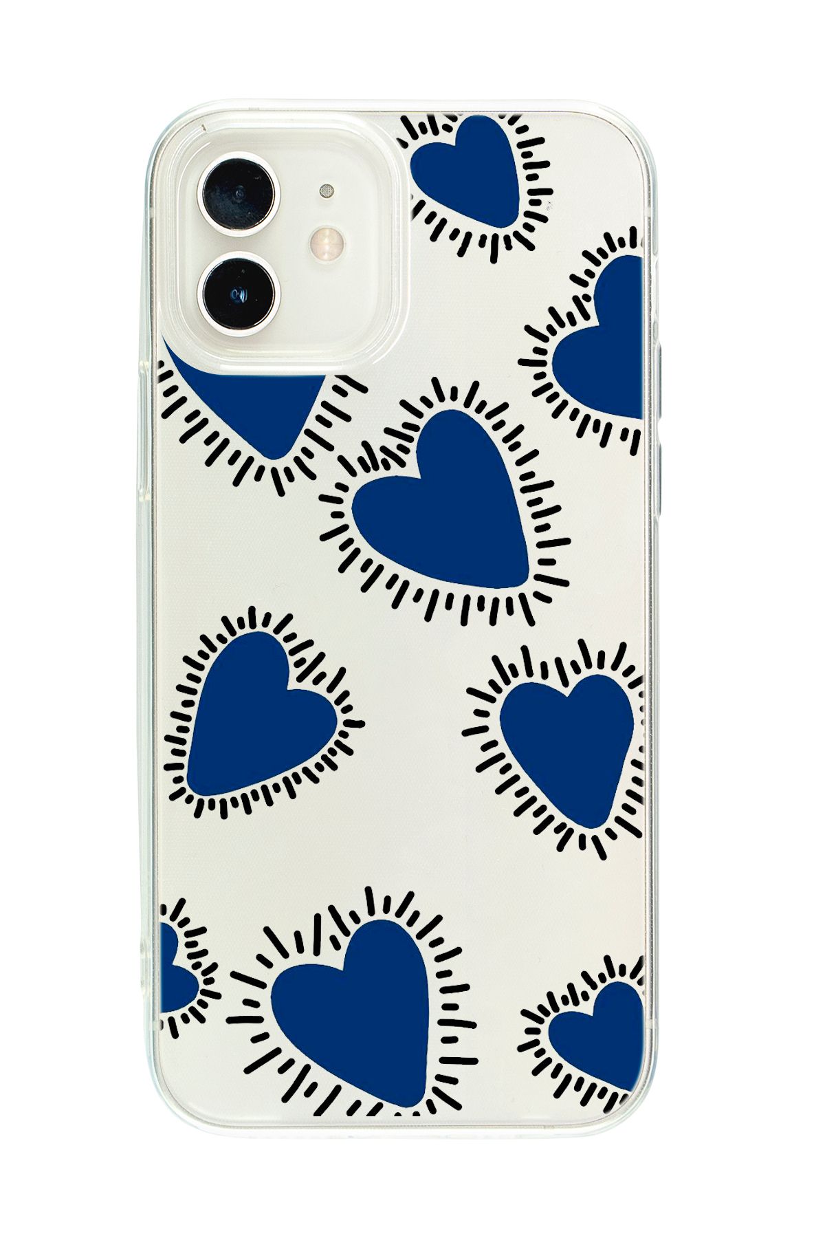 mooodcase iPhone 12 Uyumlu Çizgili Mavi Kalpler Desenli Şeffaf Silikonlu Telefon Kılıfı