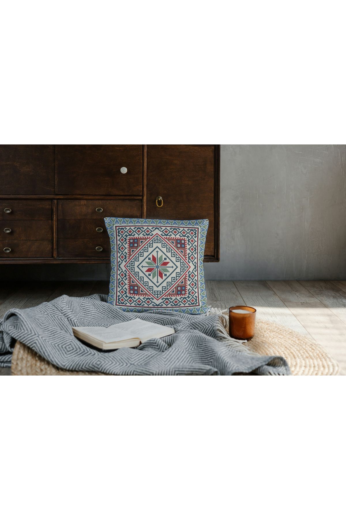 GREENDECOR Otantik,Anadolu,Etnik Desenli Minder Tek taraflı Dijital Baskılı Kirlent kaliteli İçi dolu Kirlent