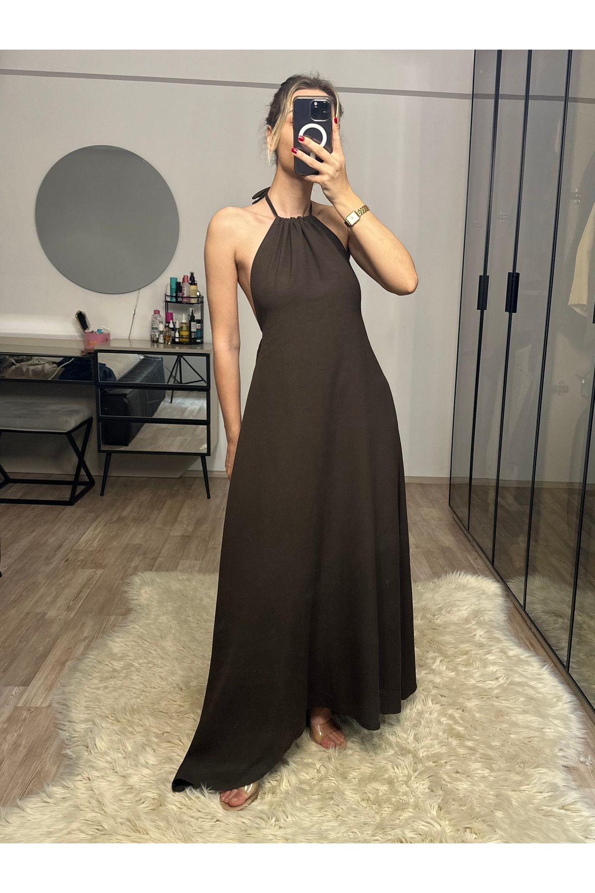 NET OF NOT Cara Acı Kahve Halter Yaka Sırt Dekolteli %100 Bambu Keten Elbise