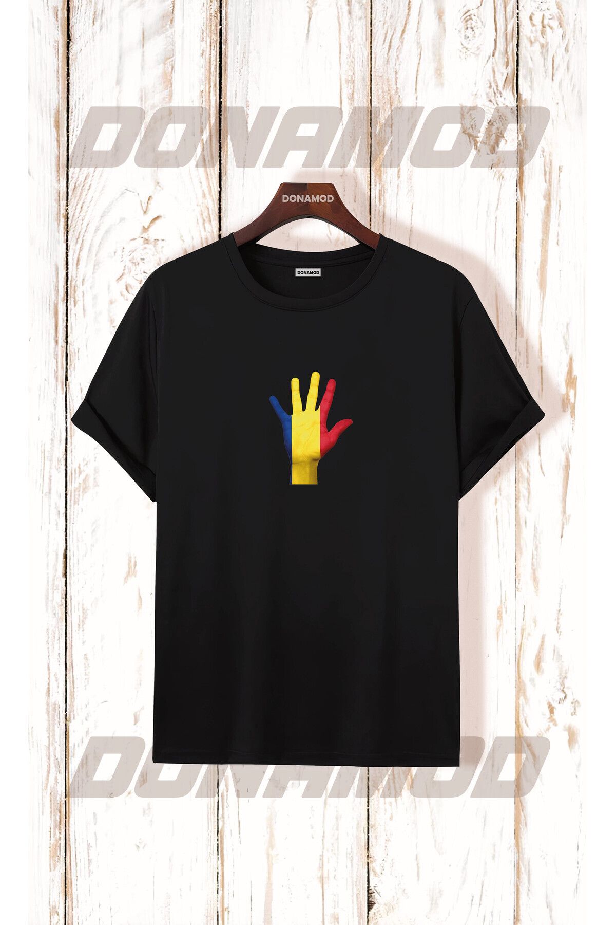donamod Romania Romanya Logo Bayrak Mavi Sarı Kırmızı Bayram Hediye Doğum Günü Siyah Beyaz Tişört T shirt