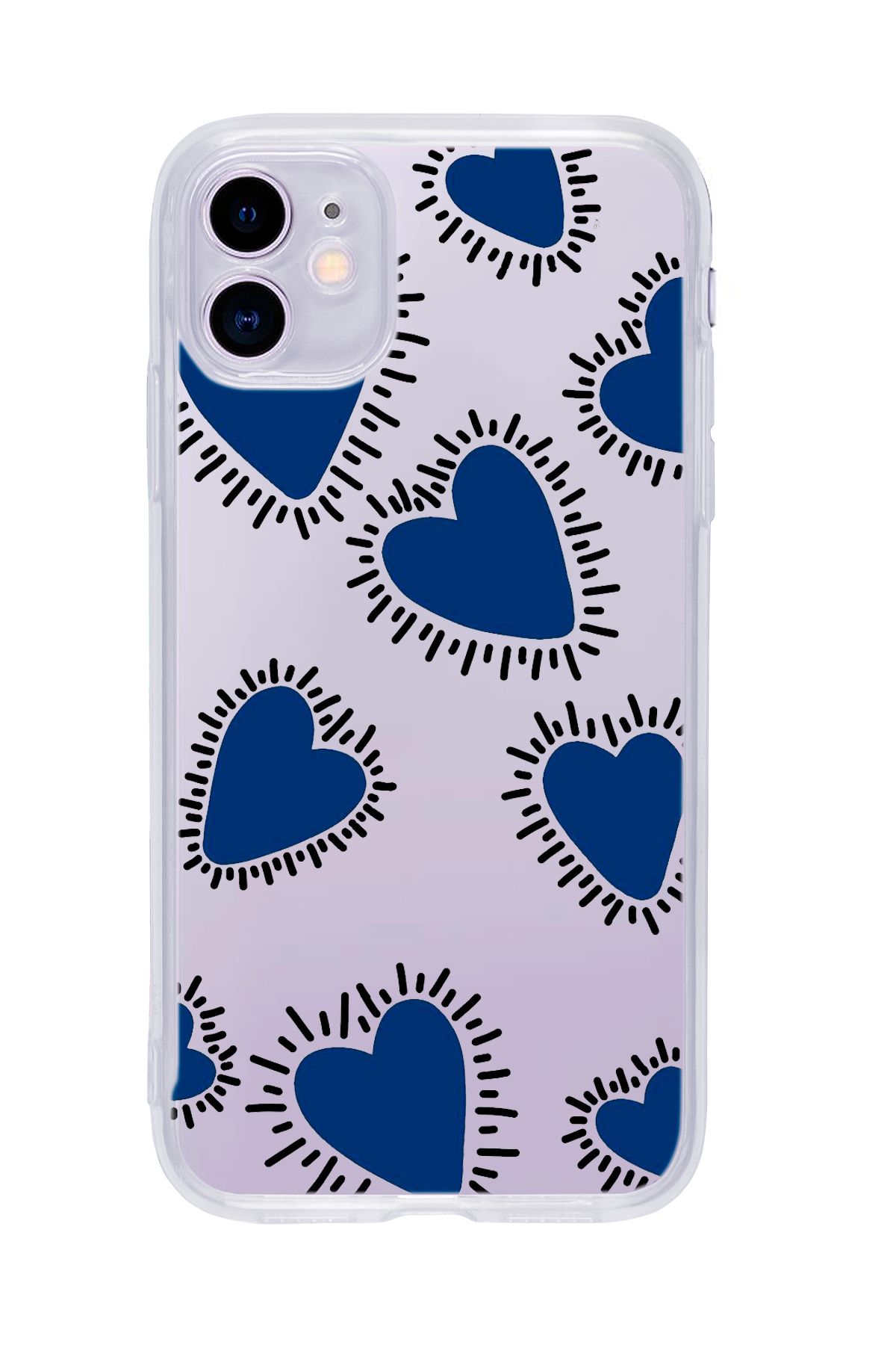 mooodcase iPhone 11 Uyumlu Çizgili Mavi Kalpler Desenli Şeffaf Silikonlu Telefon Kılıfı
