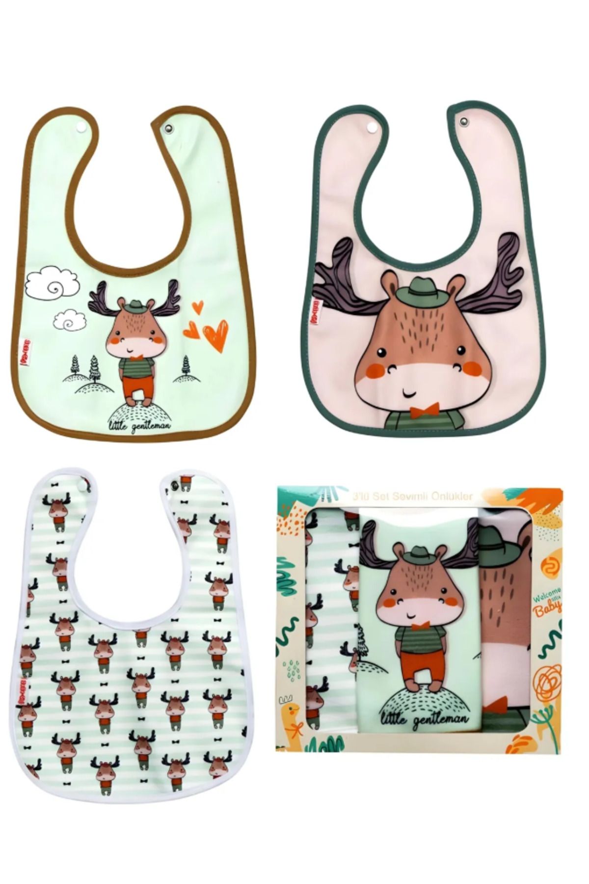 flandoly 3lü Geyik Temalı Microfiber%100 Pamuk Sıvı Geçirmez Mama Önlüğü Su Geçirmez Bebek Önlük