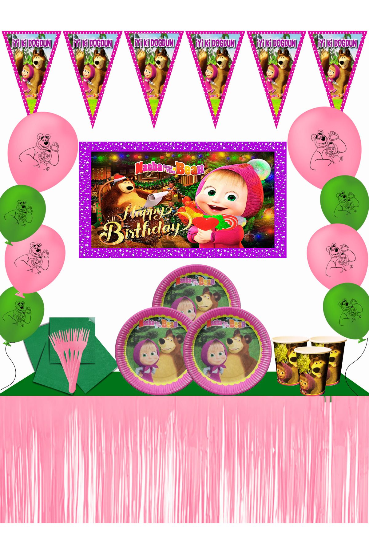 snowparty Maşa ile Koca Ayı Afişli Metalize Masa Etekli Masha The Bear Doğum Günü Parti Süsleri Seti
