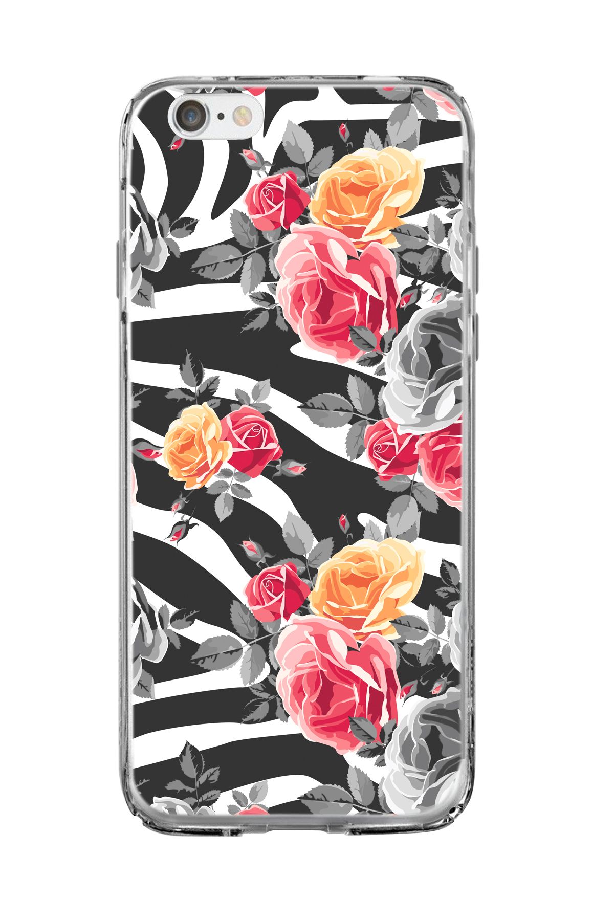 mooodcase iPhone 6 Plus / 6s Plus Uyumlu Zebra Gülleri Desenli Şeffaf Silikonlu Telefon Kılıfı