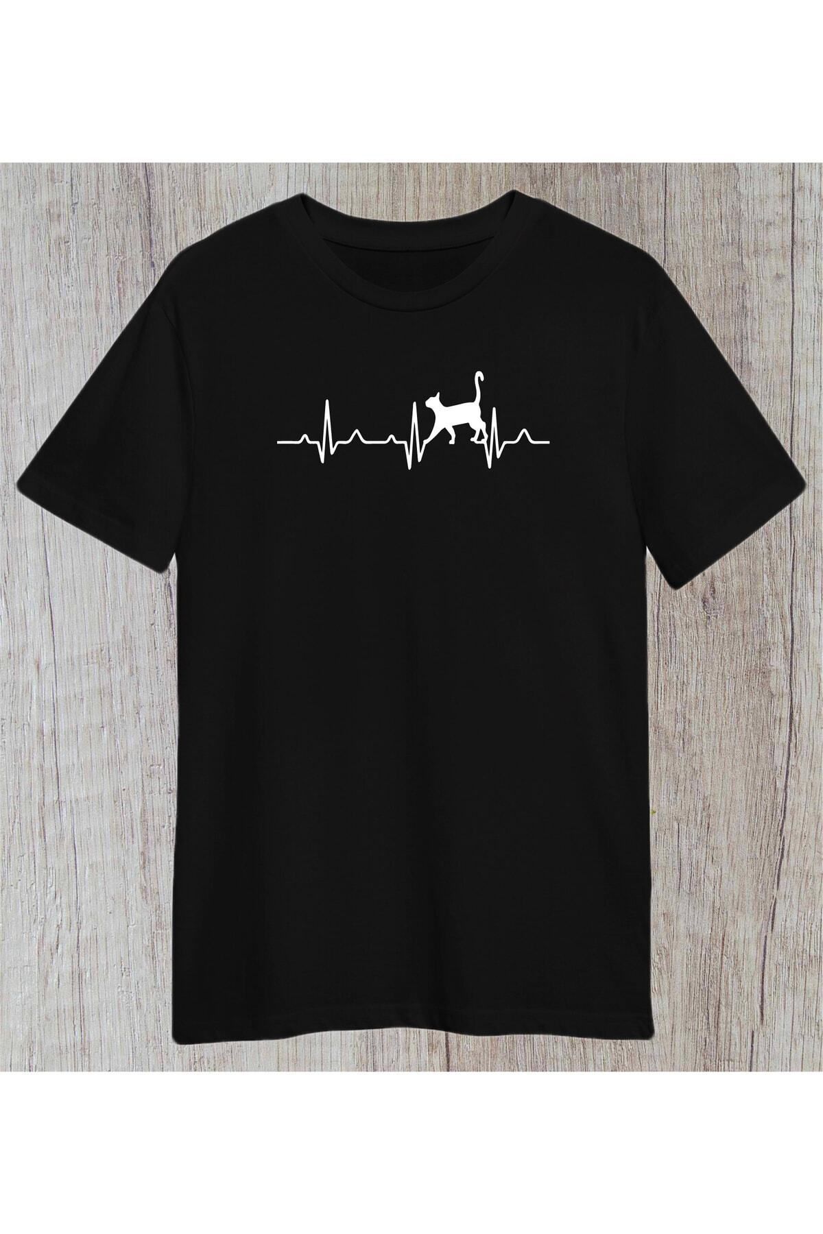 donamod Kedi Kalp Ritim Evcil Hayvan Tasarım Çizgisel Unisex Tshirt