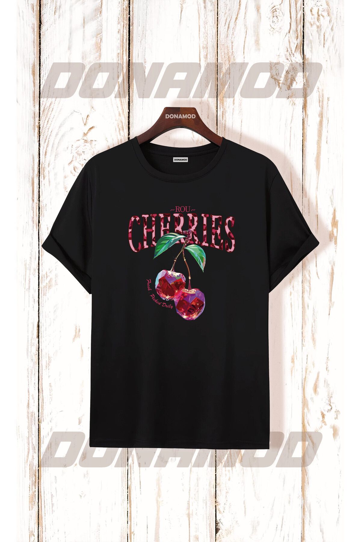 donamod Cherrıes Kiraz Avokado Çilek Berry Cherry Meyve Sebze Tasarımlı Hediye Siyah Beyaz Tişört T shirt