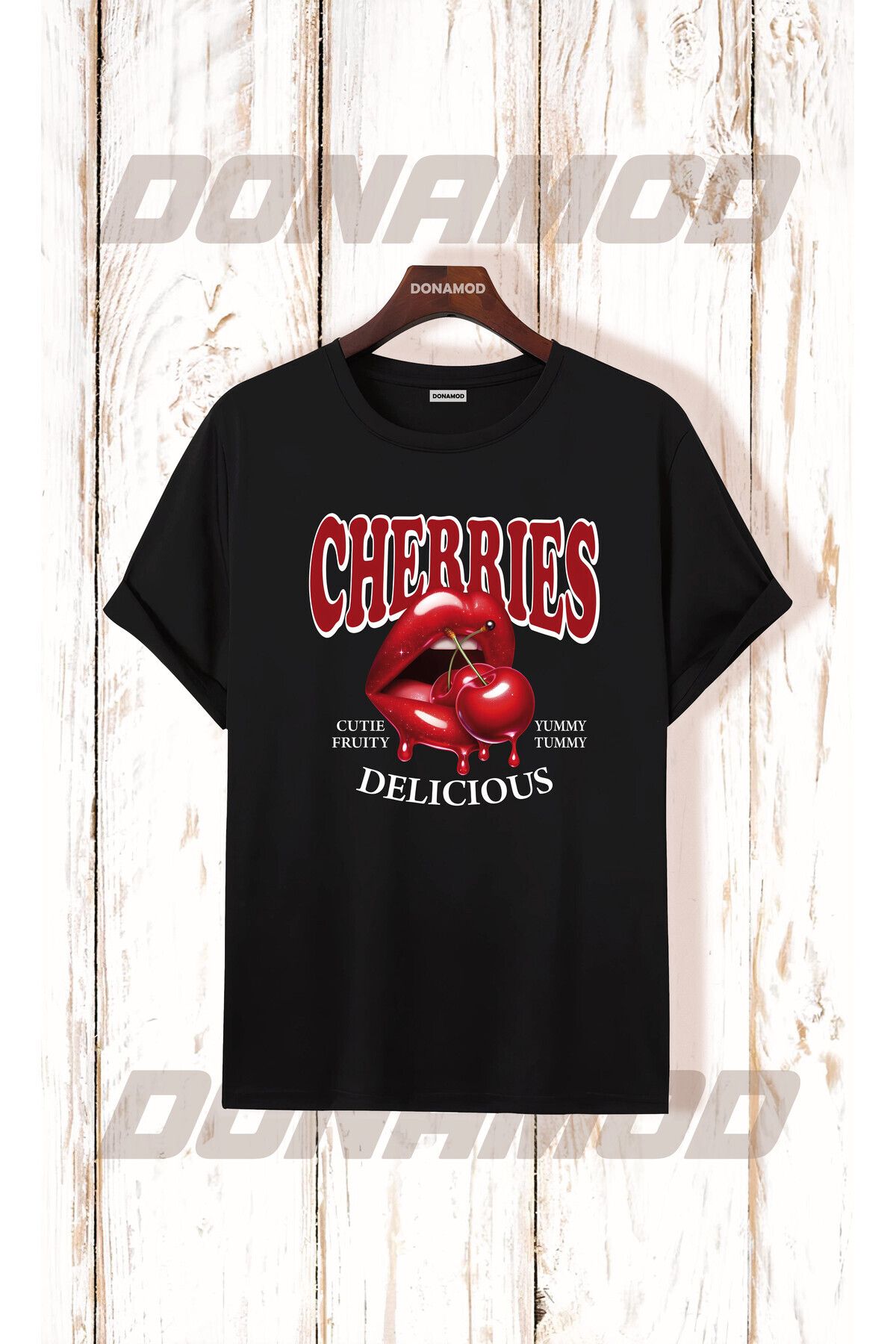 donamod Cherrıes Kiraz Avokado Çilek Berry Cherry Meyve Sebze Tasarımlı Hediye Siyah Beyaz Tişört T shirt