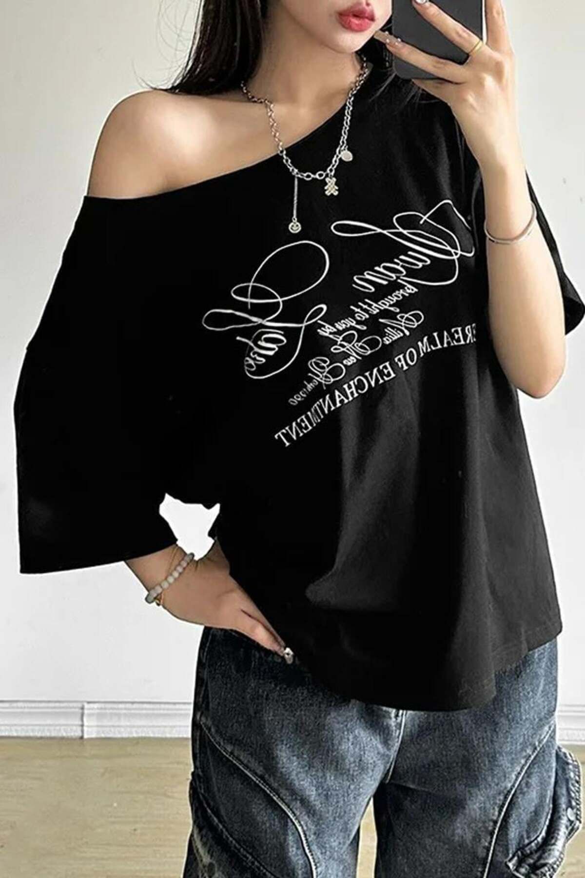 BALİNA Siyah Swan Lake Salaş Omuz Dekolteli T-shirt -BLN