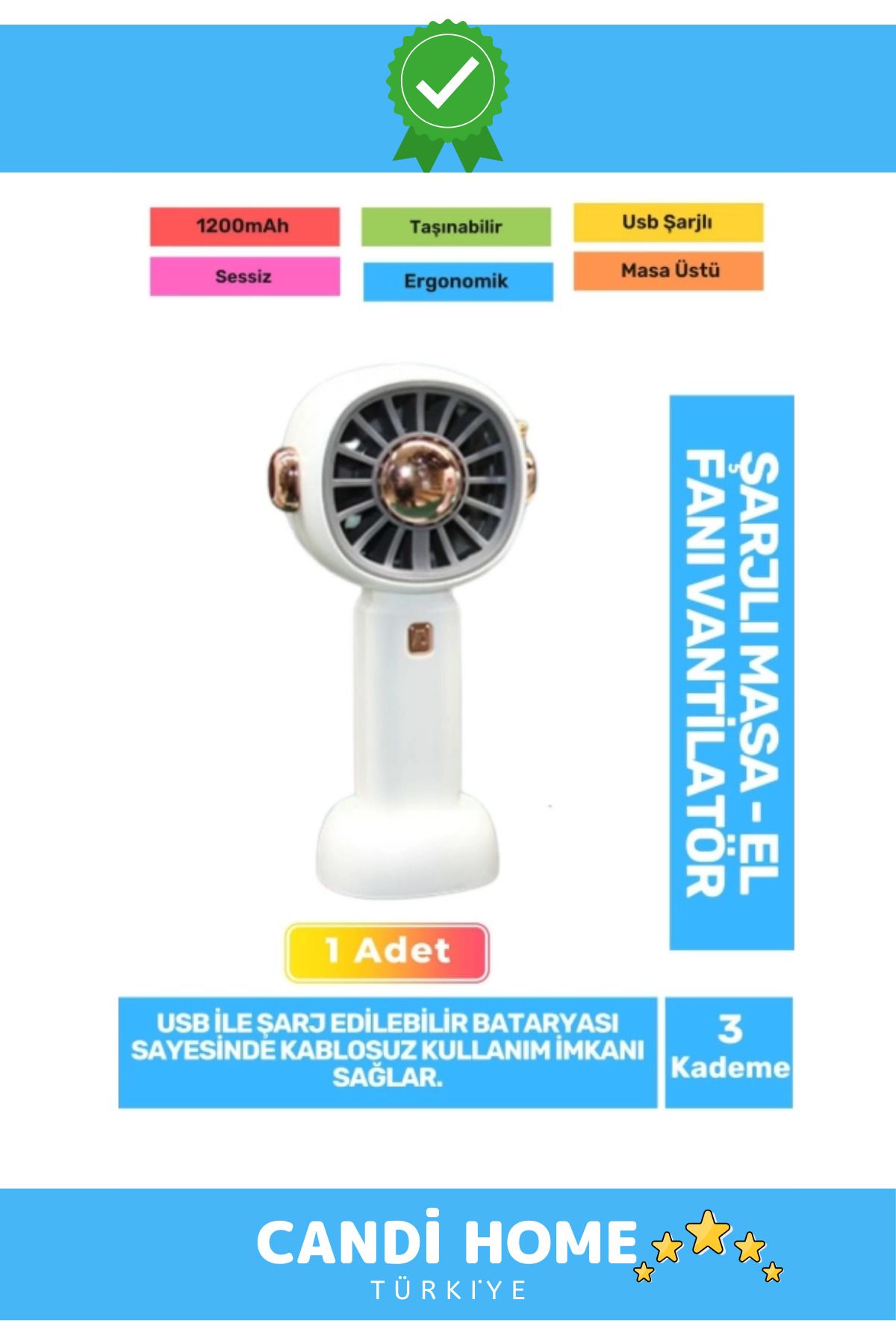 HOBİ CONDİ New Premium ÖzelSessiz 3 Kademe Hafif Kablosuz 1200mAh Pervaneli Usb Şarjlı Masa El Fanı Vantilatör