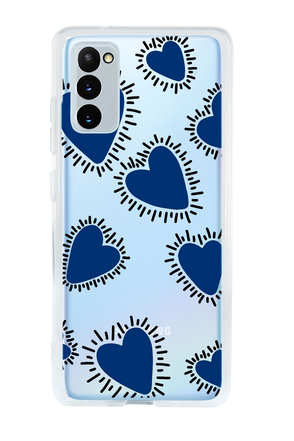 mooodcase Galaxy S20 FE Uyumlu Çizgili Mavi Kalpler Desenli Şeffaf Silikonlu Telefon Kılıfı