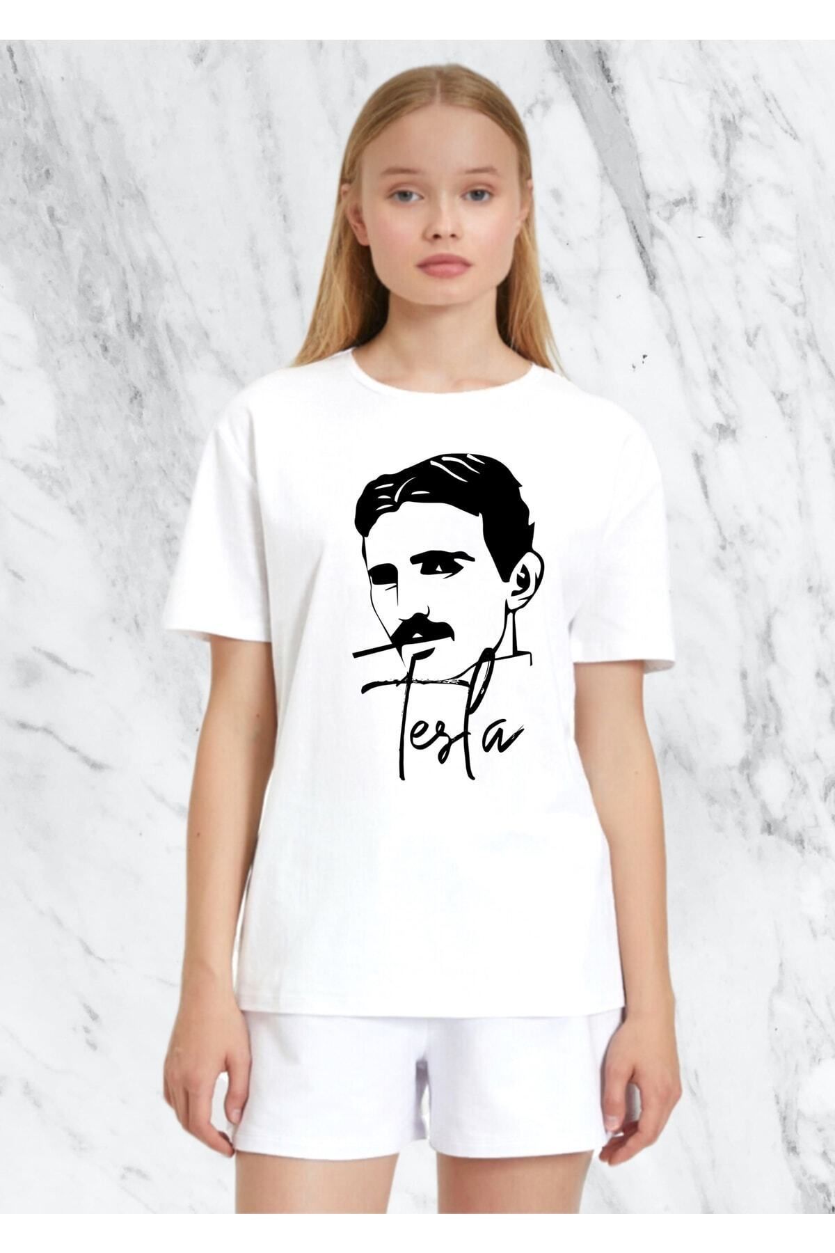 donamod Kadın Tesla Tasarım Beyaz Regular Tshirt