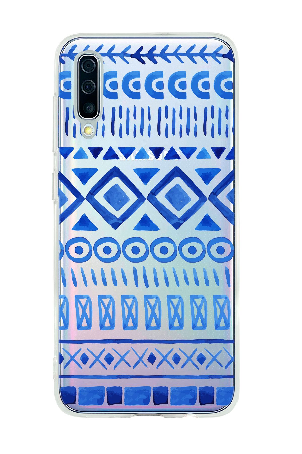 mooodcase Galaxy A50 Uyumlu Etnik İndigo Desenli Şeffaf Silikonlu Telefon Kılıfı