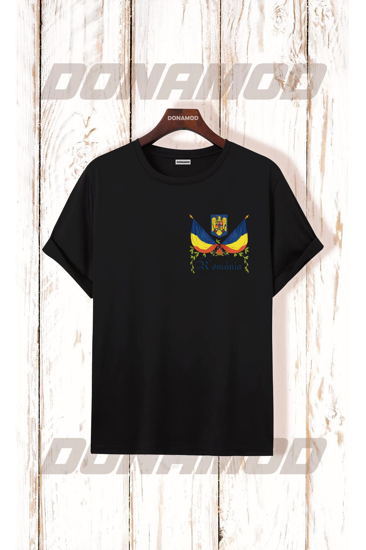 donamod Romania Romanya Logo Bayrak Mavi Sarı Kırmızı Bayram Hediye Doğum Günü Siyah Beyaz Tişört T shirt