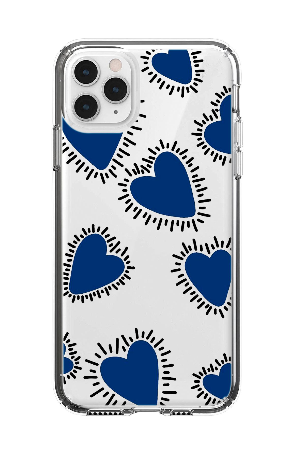 mooodcase iPhone 11 Pro Uyumlu Çizgili Mavi Kalpler Desenli Şeffaf Silikonlu Telefon Kılıfı