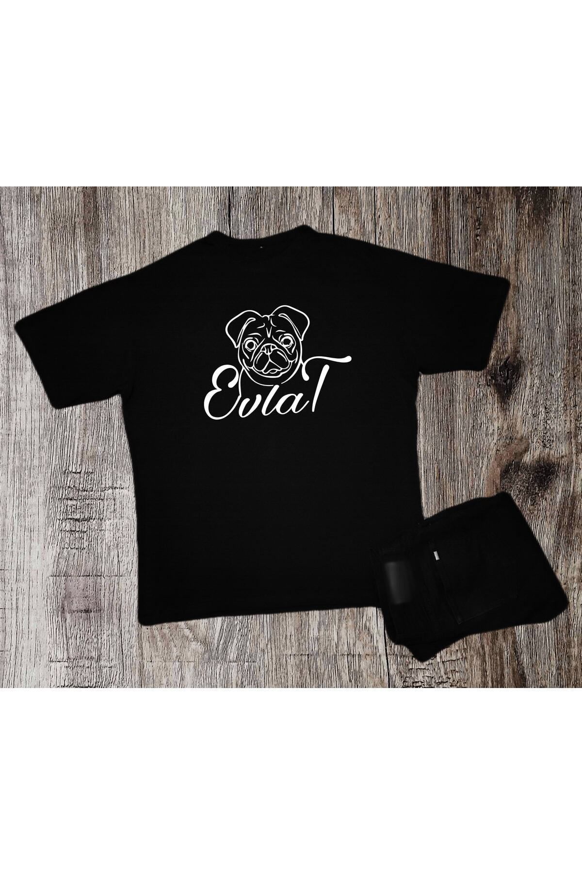 donamod Oversize Unisex Pug Köpek Tasarım Siyah Tshirt