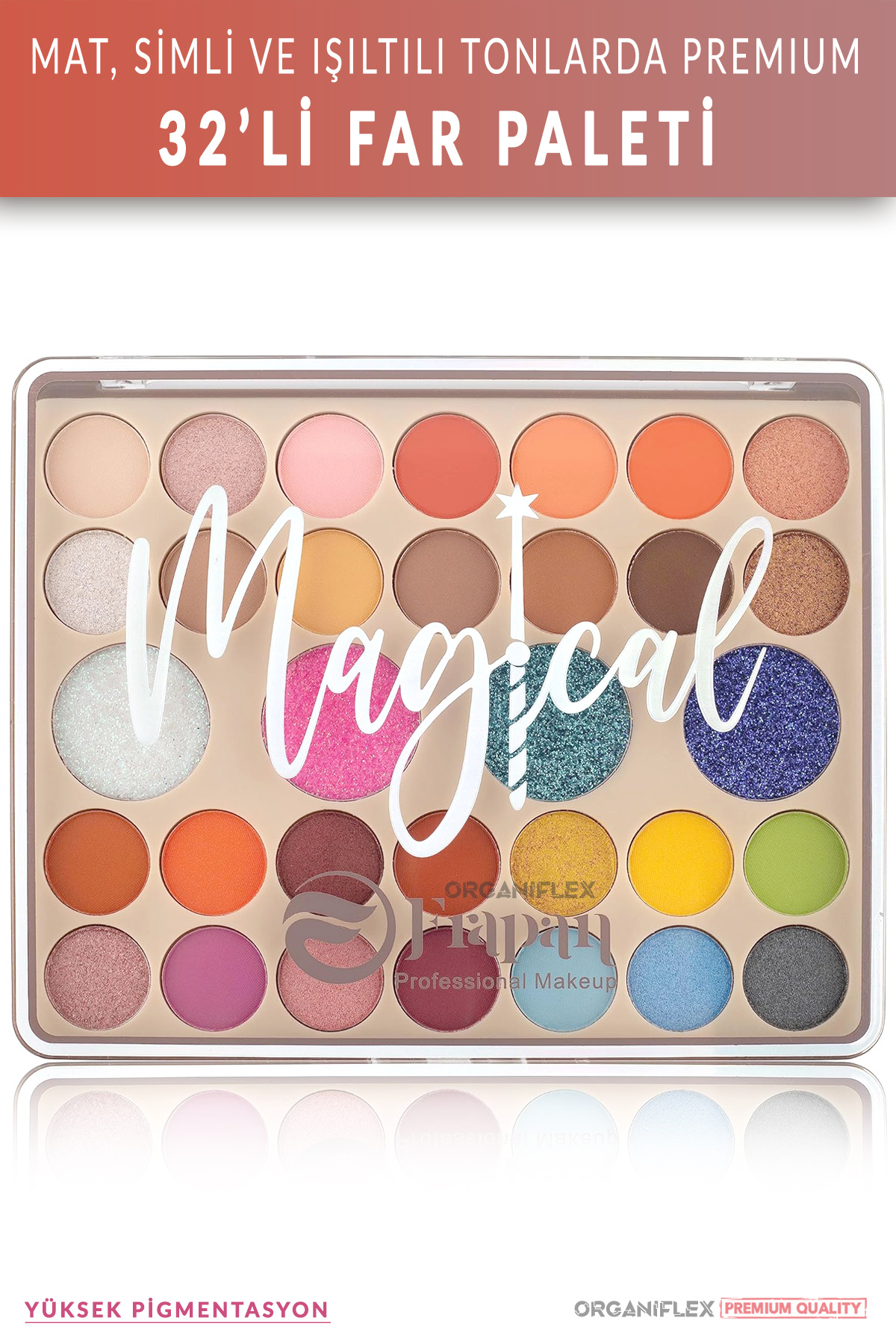 organiflex 32-Pack Eyeshadow Palette Matte, Glitter and Shimmer High Pigmentation