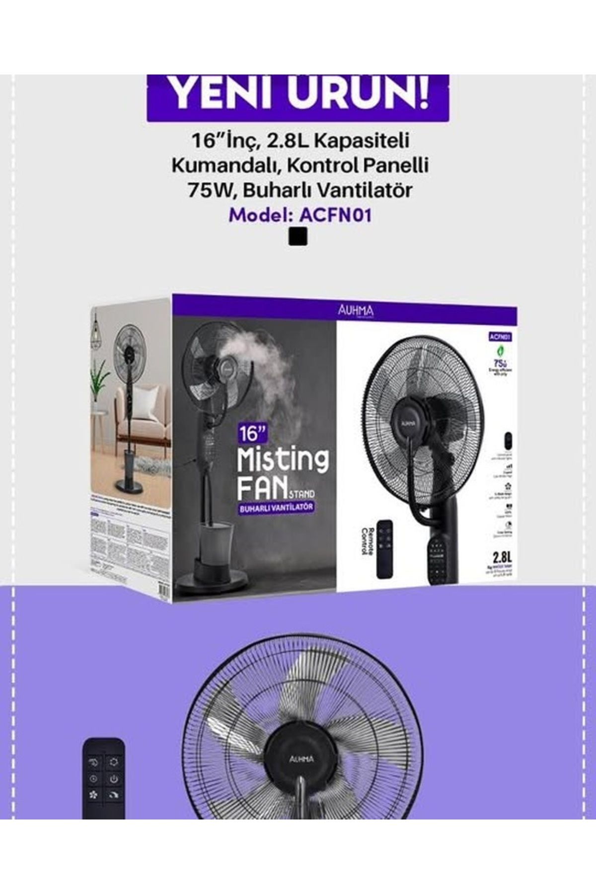 akillicep Auhma Acfn01 75w, 2.8litre Su Tanklı, 16”inç Kumandalı, Buharlı Vantilatör