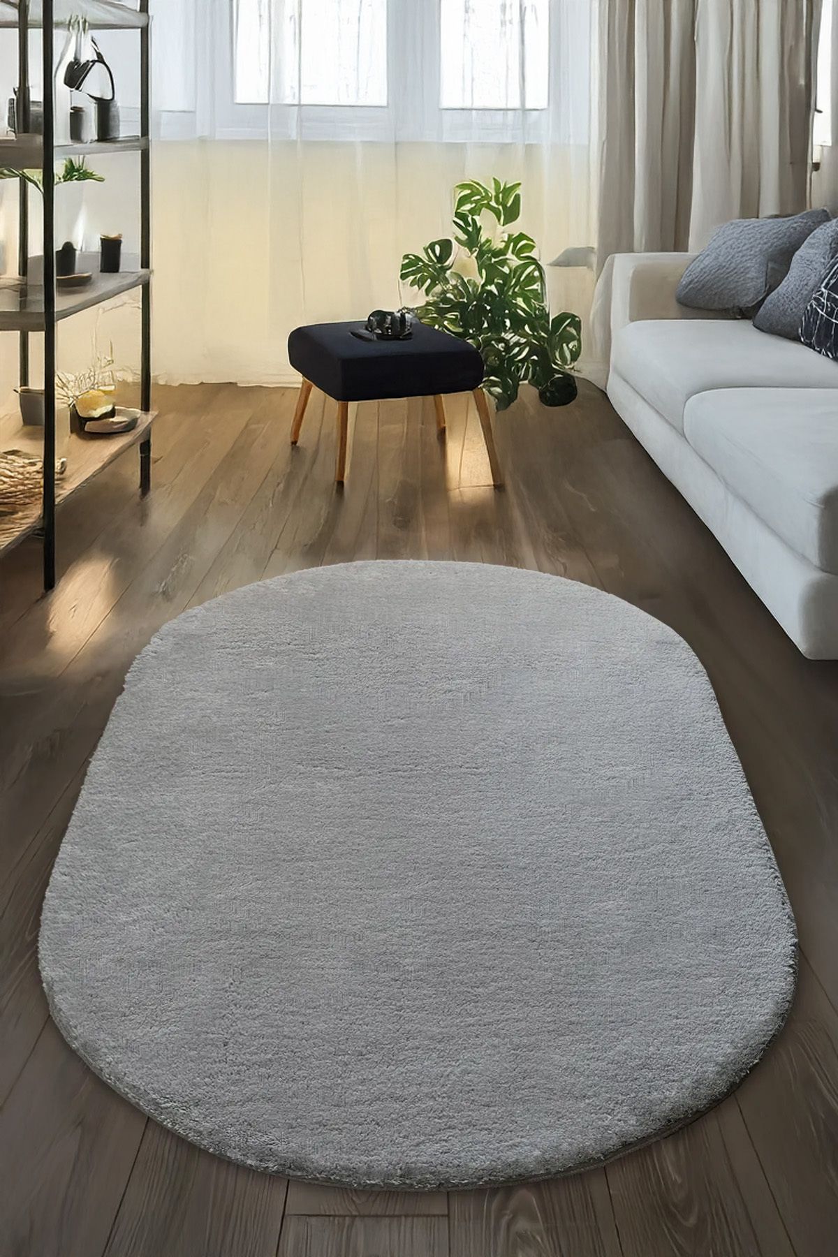 GH Geyikli Home Gri Oval Peluş Halı Post Kürk Yumuşak Halı Kaymaz Taban Makinede Yıkanabilir