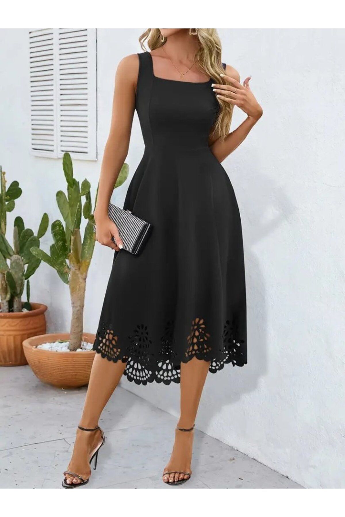 velmorafashion Kadın Askılı Geometrik Yaka çiçek Lazer Kesim Ithal Krep Elbise