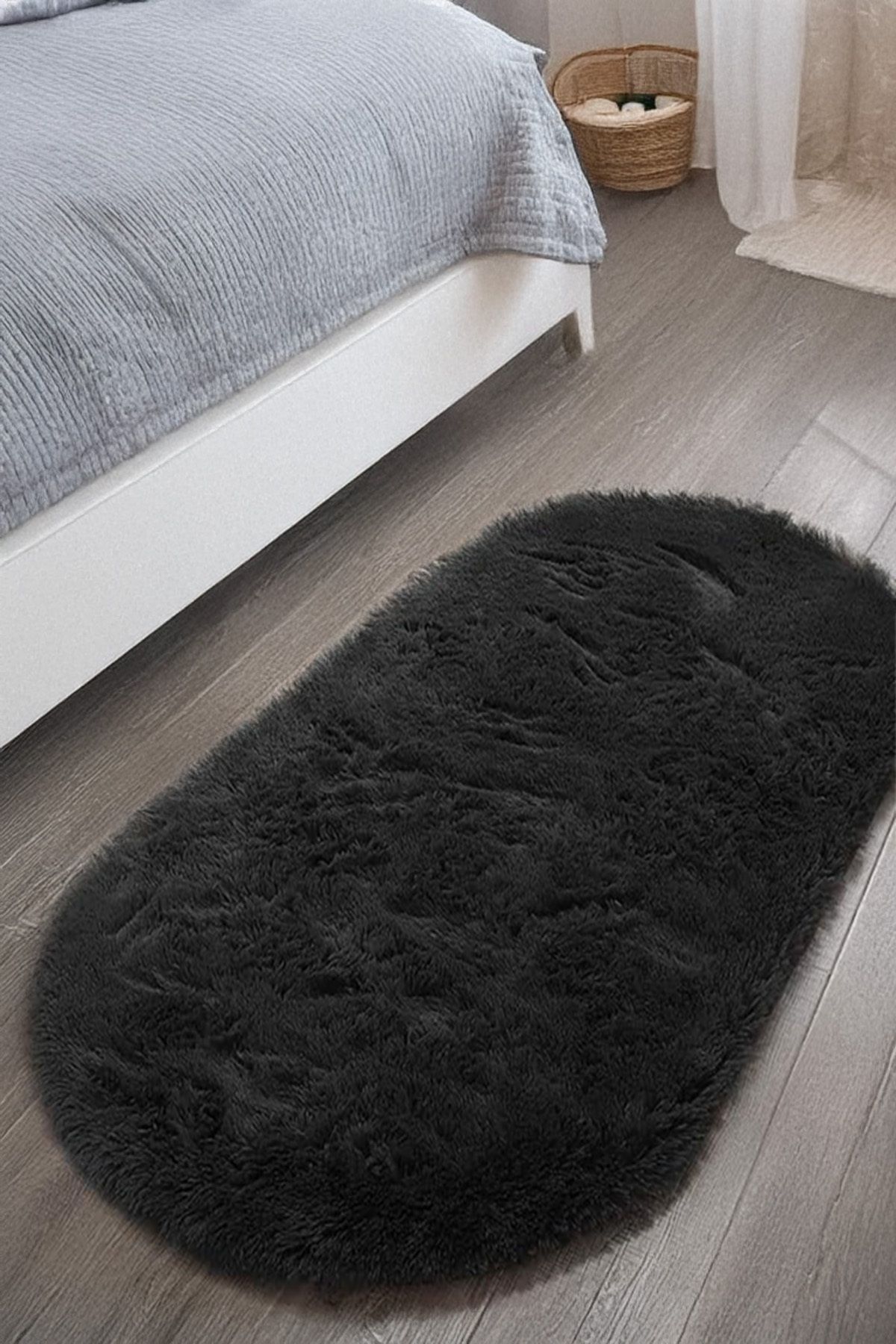 GH Geyikli Home Antrasit Oval Peluş Halı Post Kürk Yumuşak Halı Kaymaz Taban Makinede Yıkanabilir