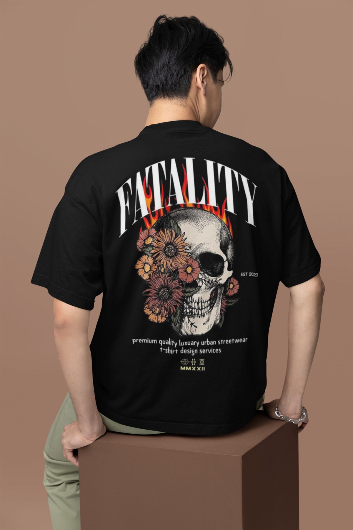 MAGORS FATALITY SIRT BASKILI BİSİKLET YAKA PAMUKLU OVERSIZE KALIP KISA KOLLU ERKEK TSHIRT