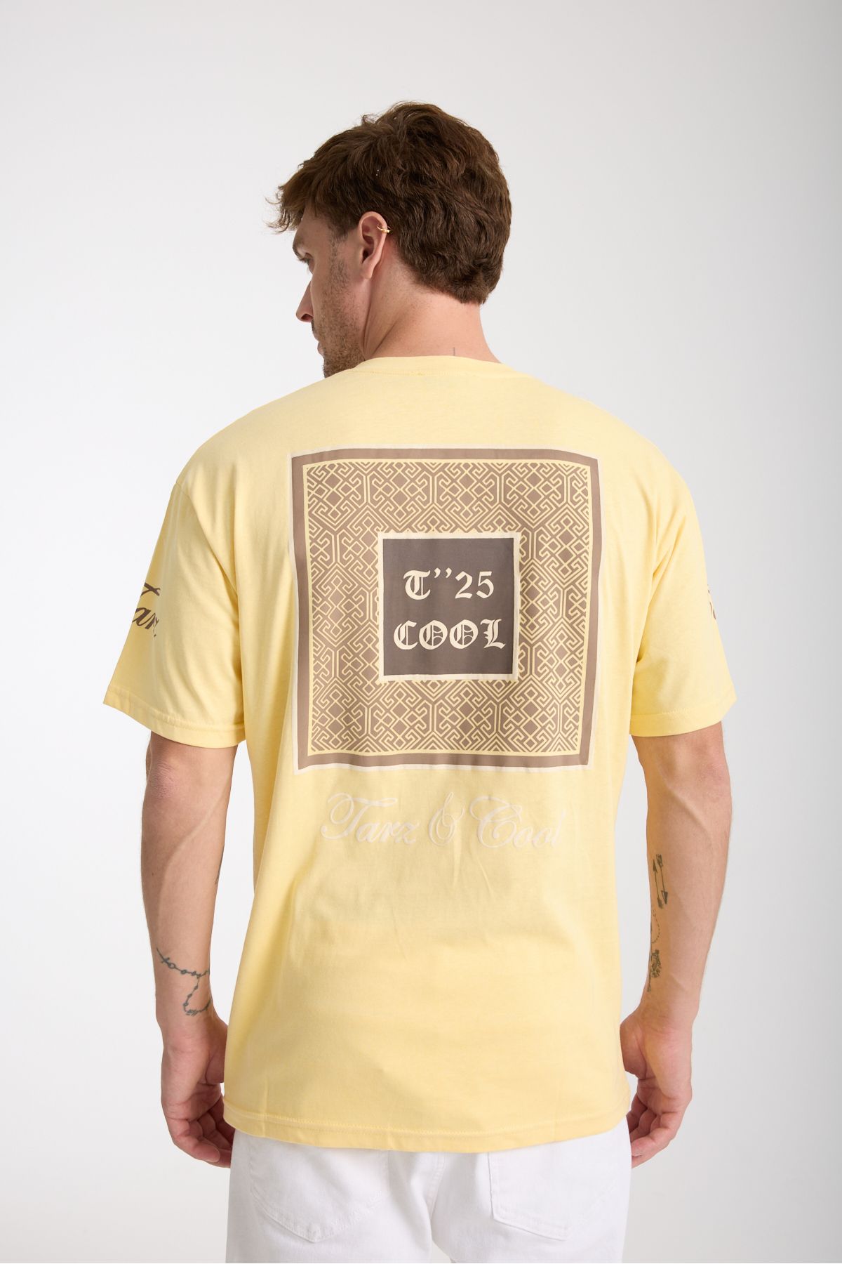 COOL TARZ Erkek Sarı Cool Ön Ve Arka Baskılı Oversize Bisiklet Yaka T-Shirt