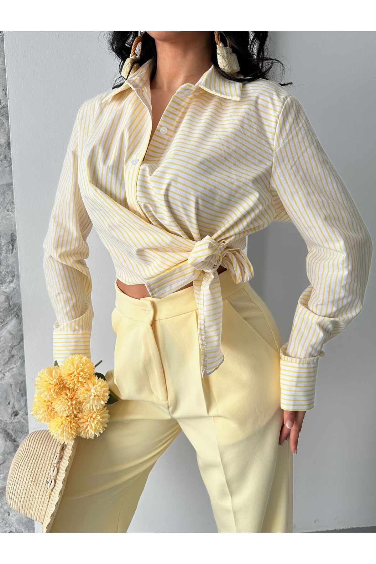 Moda İkra yandan bağlamalı çizgili poplin gömlek