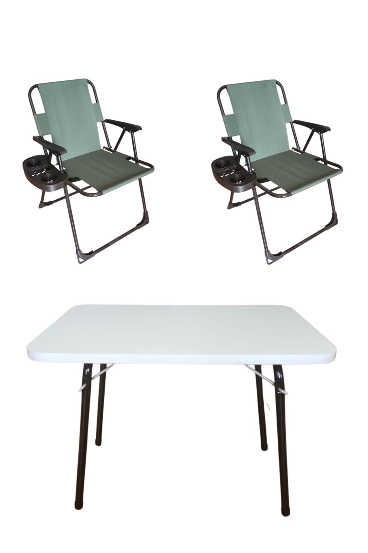 Tedarikcenter 2 Adet Lüks Plastik Kollu Bardaklıklı Katlanır Kamp Sandalyesi ve 1Adet 60x45 Cm Katlanır Beyaz Masa