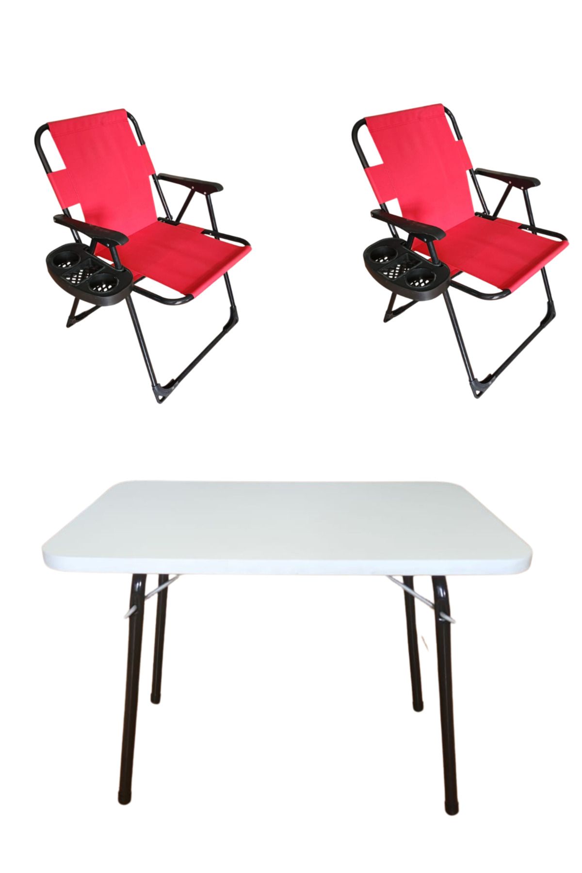 bodygym 2 Adet Lüks Plastik Kollu Bardaklıklı Katlanır Kamp Sandalyesi ve 1Adet 60x45 Cm Katlanır Beyaz Masa