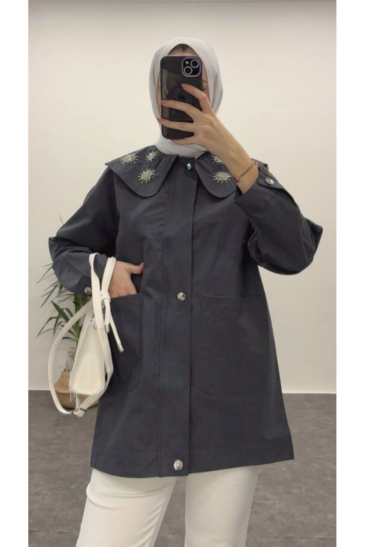 Suede Style 9246 - Yaka Elişi Boncuklu Rahat Şık Kadın Uzun Gömlek