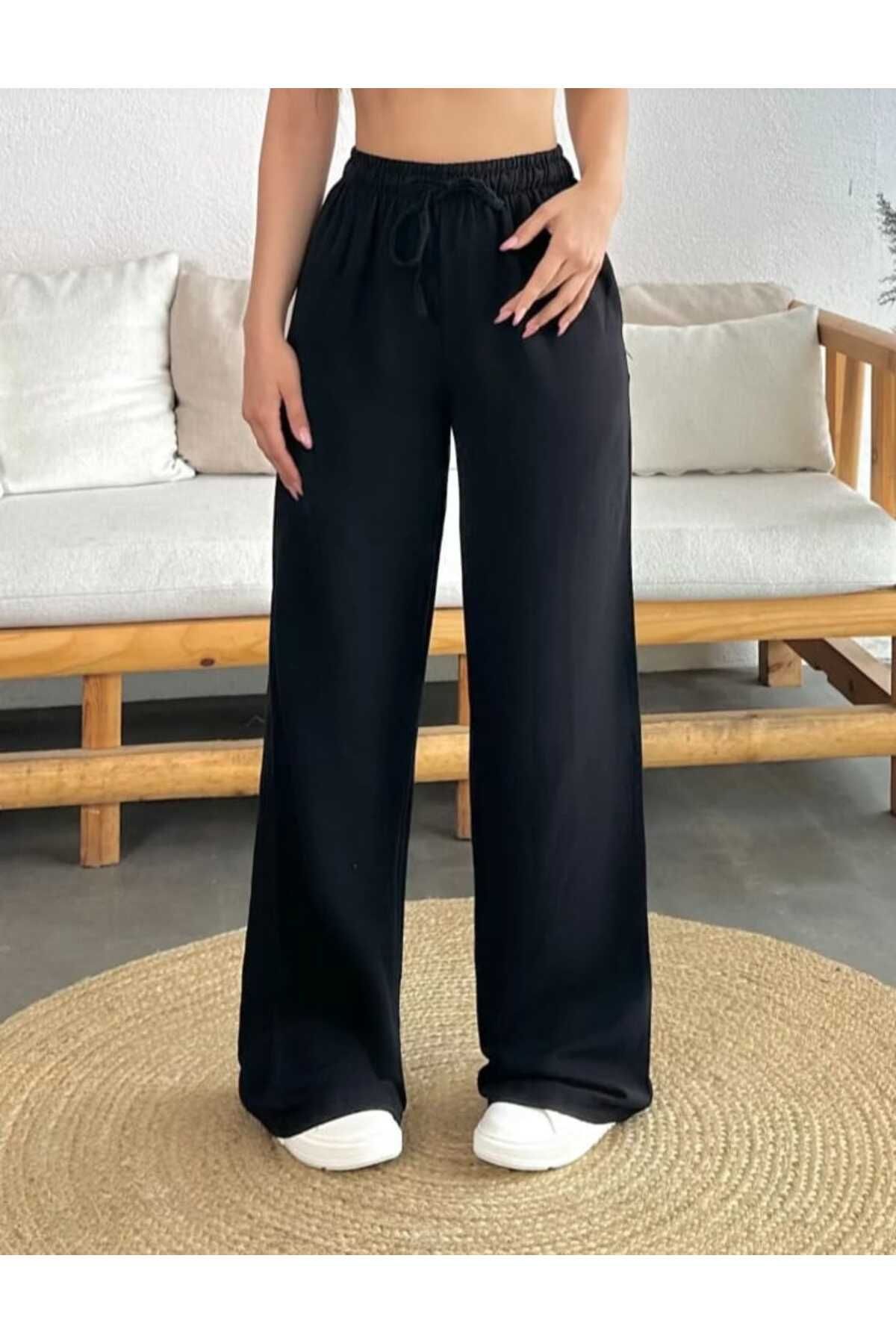 ECK MODA Kadın Salaş Kalıp Bel Lastikli Cepsiz Keten Pantolon