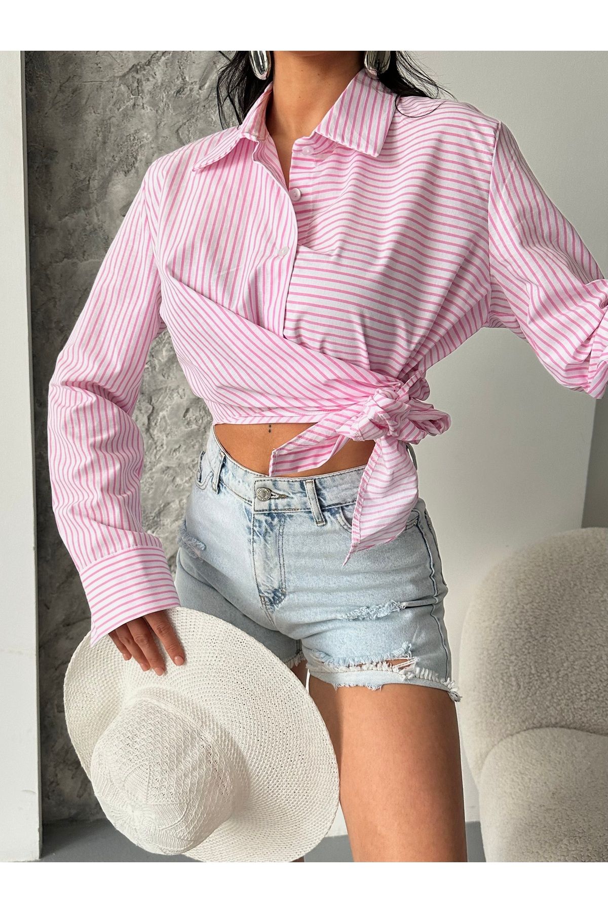 Moda İkra yandan bağlamalı çizgili poplin gömlek