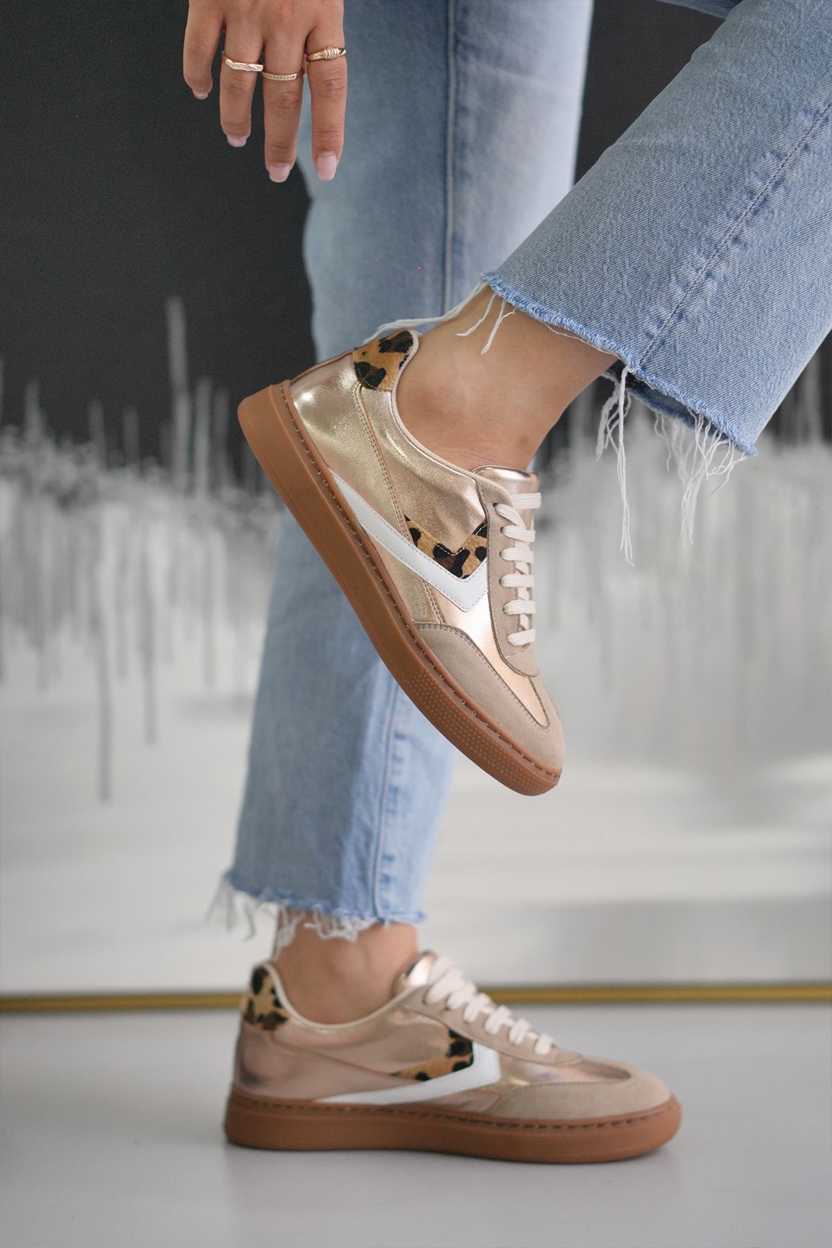 Elvin Shoe Kadın Bej Leopar Sneaker Günlük Spor Ayakkabı