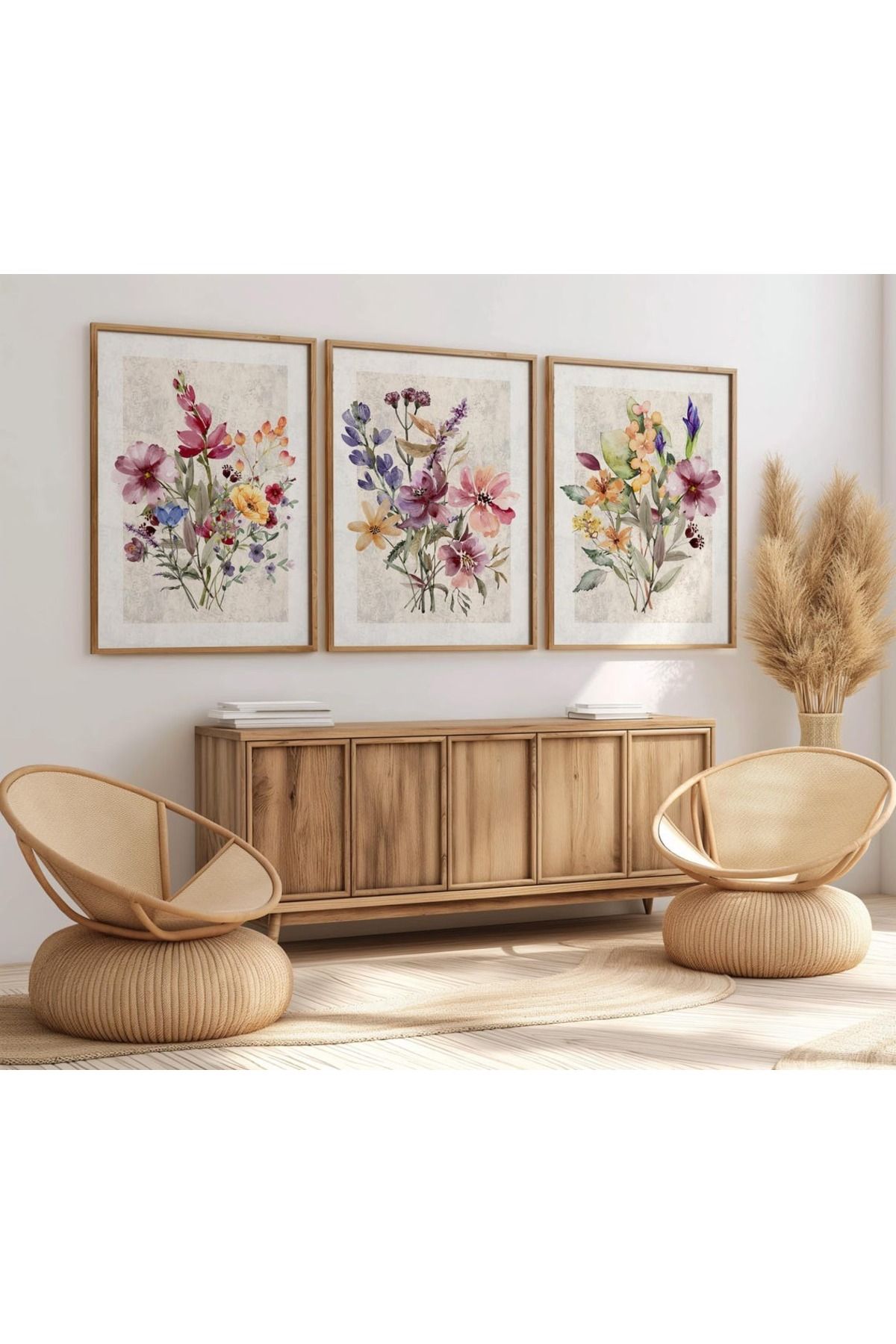 Dekorsiahome 3 Parça Ahşap Çerçeveli Oturma Odası Salon Mutfak Tablo Seti SET3165