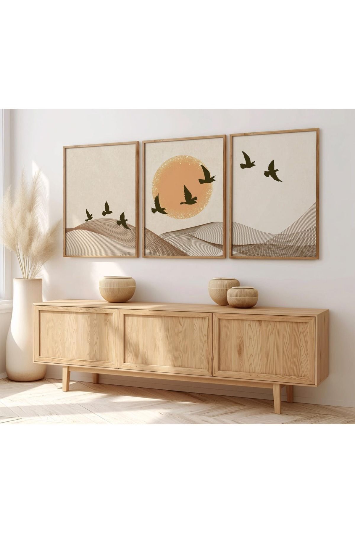 Dekorsiahome 3 Parça Ahşap Çerçeveli Oturma Odası Salon Mutfak Tablo Seti SET3160