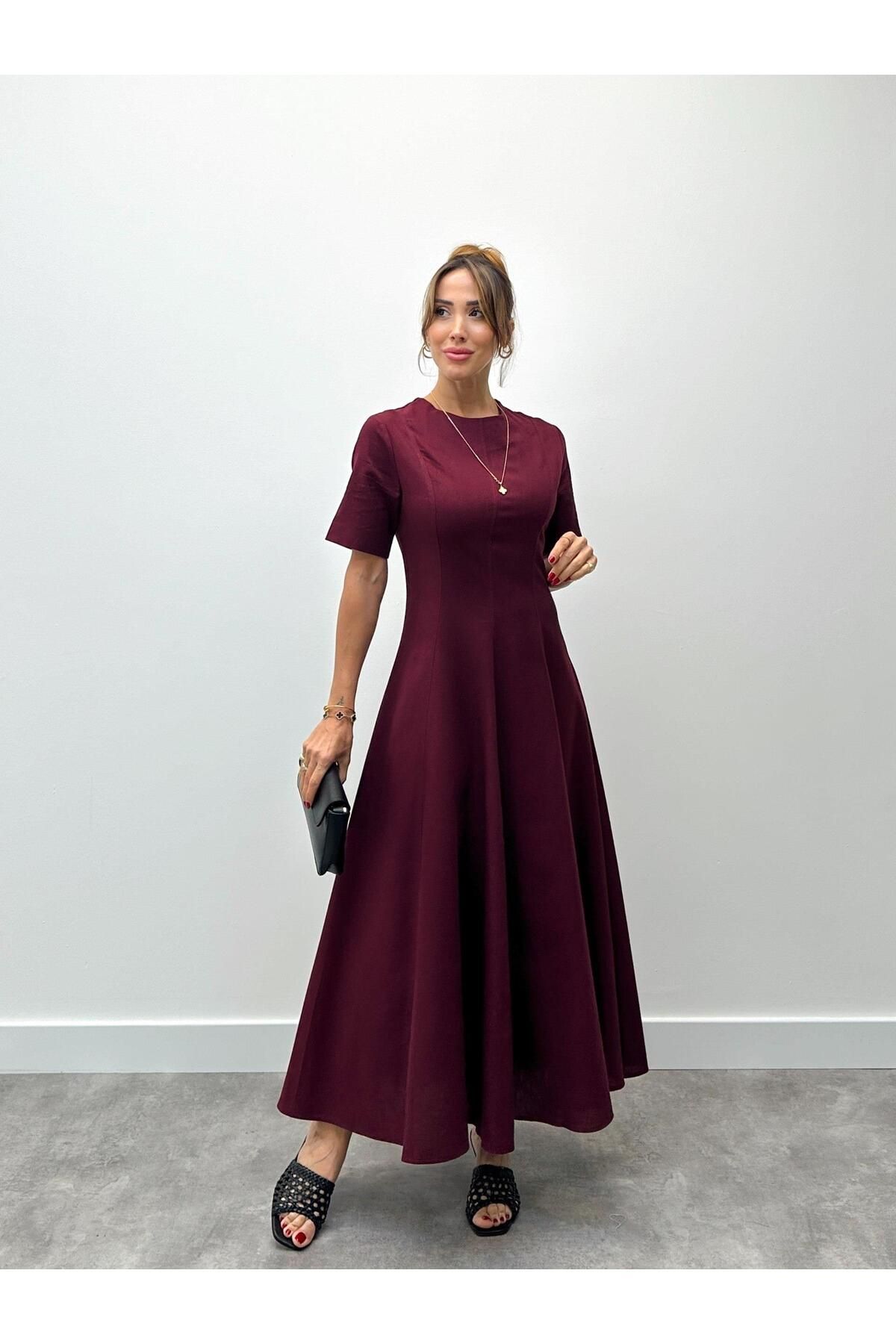 Maldia Shop Kadın Maxi Boy Bordo Keten Elbise