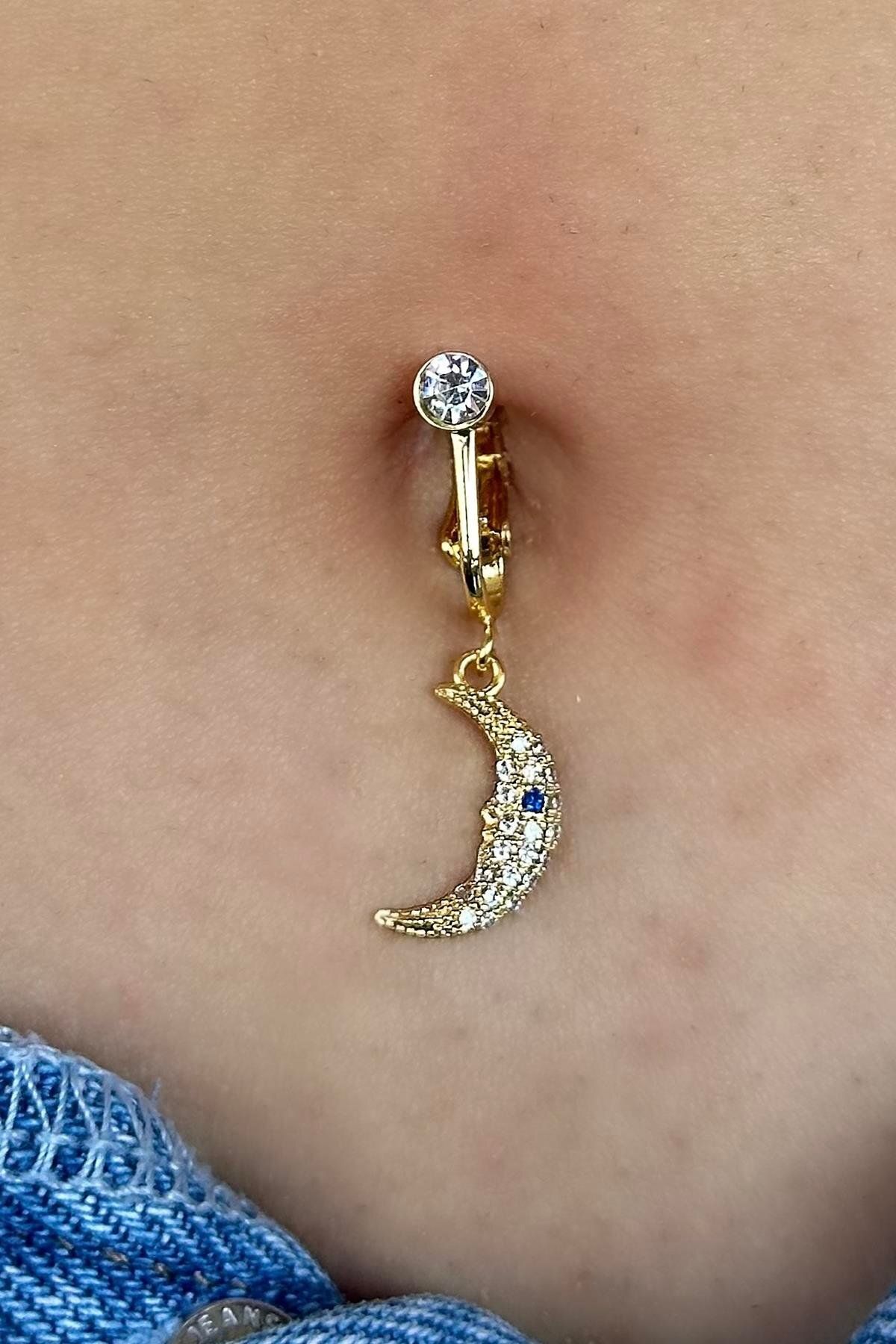 Mutenaura Ay Figürlü Delik Gerektirmeyen Çelik Göbek Piercing