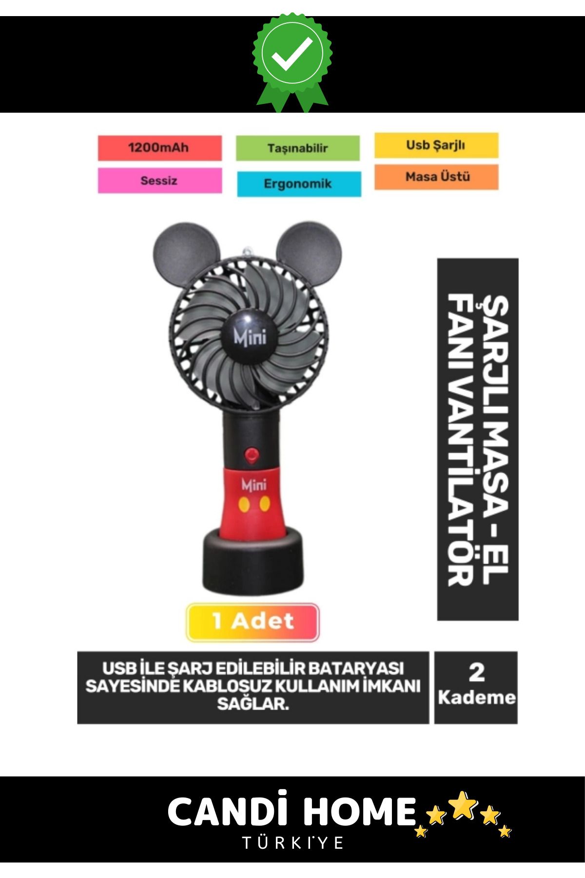 HOBİ CONDİ Premium Sessiz 2 Kademe Kablosuz 1200mAh Pervaneli Taşınabilen Usb Şarjlı Masa El Fanı Vantilatör