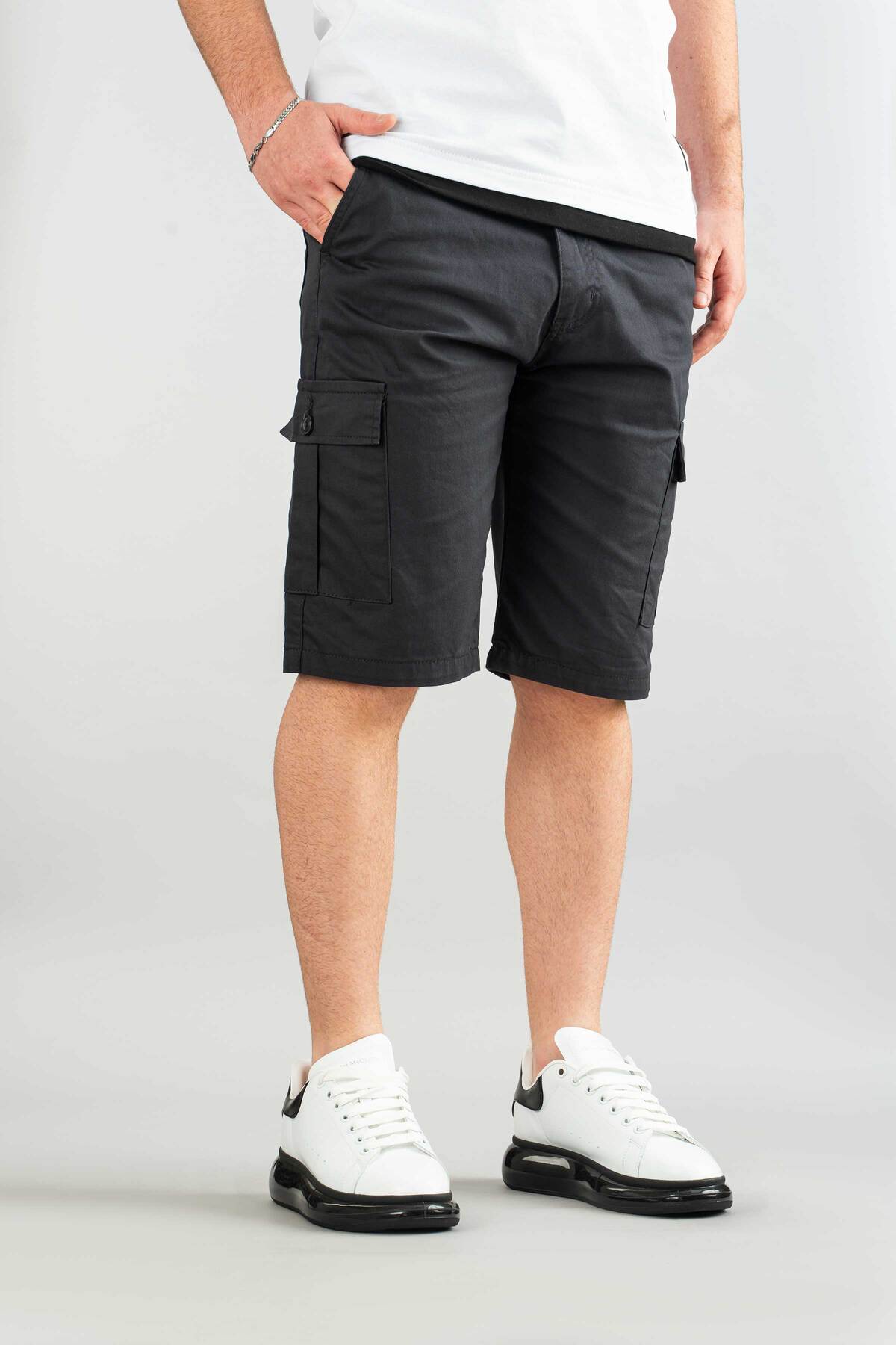 bombe  Erkek Füme Basic Gabardin Bermuda Kanvas Likralı Kargo Cepli Şort - Görsel 5