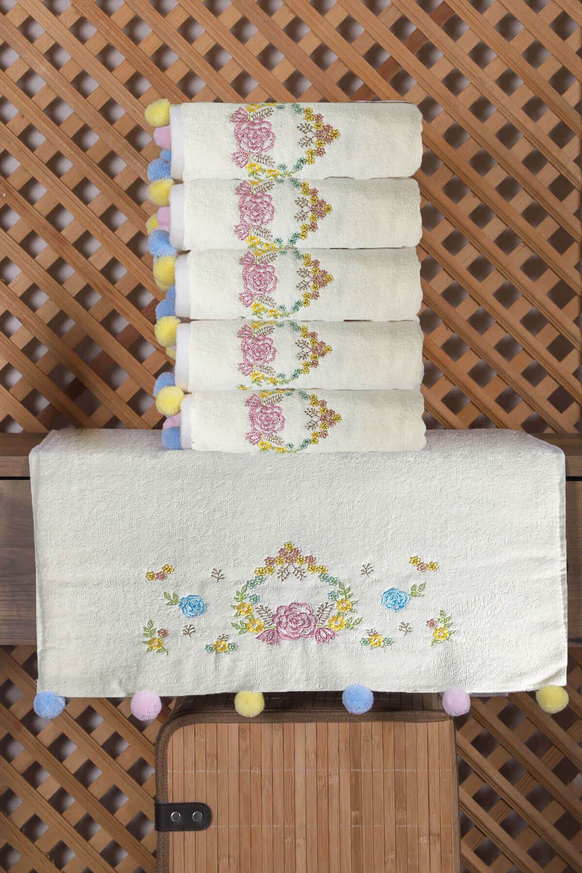 Mira Home Çeyizlik 6'lı Renkli Ponponlu Çiçek Nakışlı El Yüz Havlusu Seti 50x90 cm