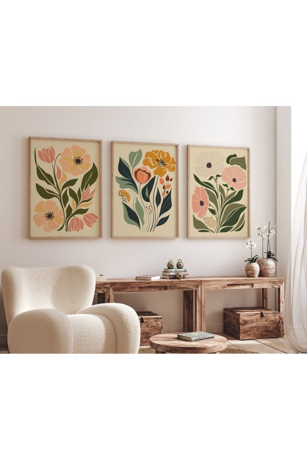Dekorsiahome 3 Parça Ahşap Çerçeveli Oturma Odası Salon Mutfak Tablo Seti SET3223
