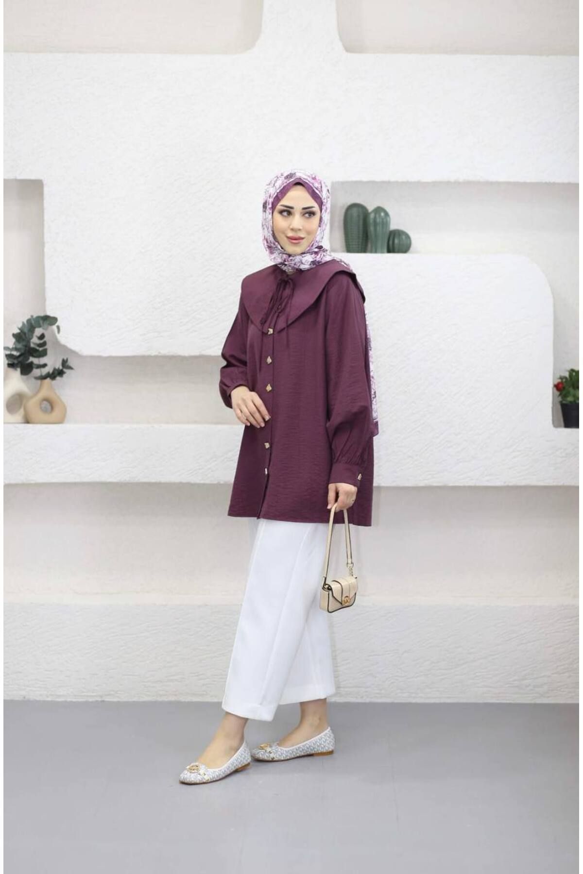 Suede Style 10072 - İplik Bağlamalı Bebe Yaka Kadın Uzun Gömlek