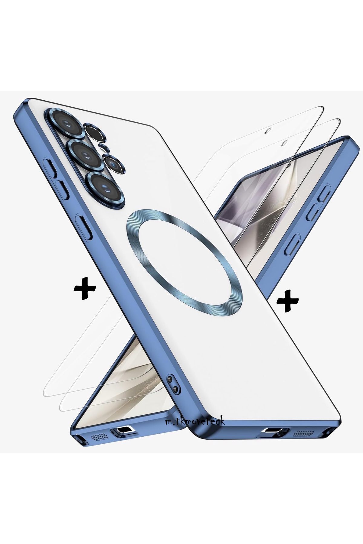 m.tk moveteck Samsung Galaxy S22 Ultra Kılıf Magsafe Renkli Kenarlı Arkası Şeffaf Silikon + Ekran Koruyucu Cam Set