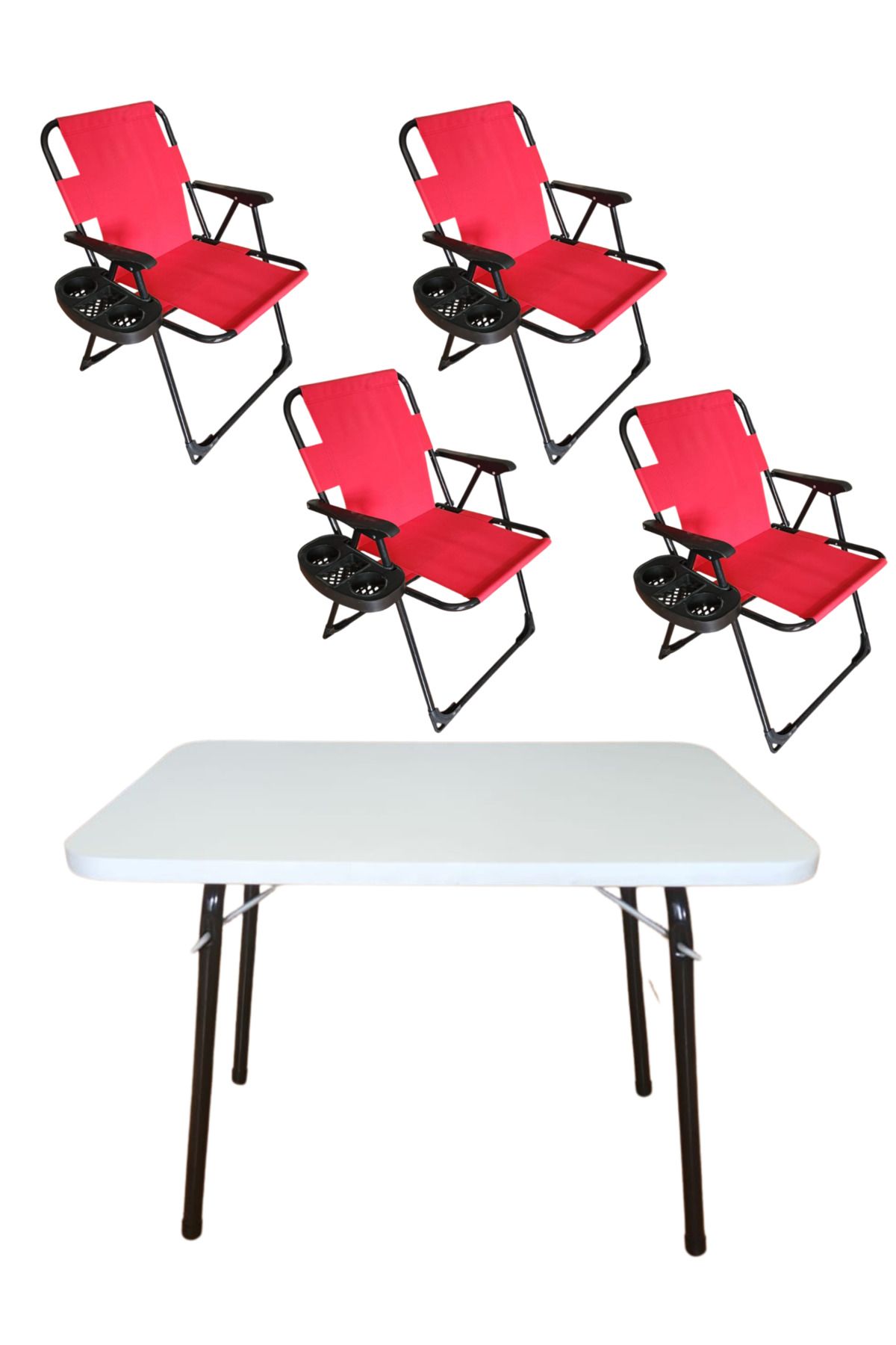 bodygym 4 Adet Lüks Plastik Kollu Bardaklıklı Kamp Sandalyesi Ve 1 Adet 60x45 Cm Katlanır Beyaz Masa