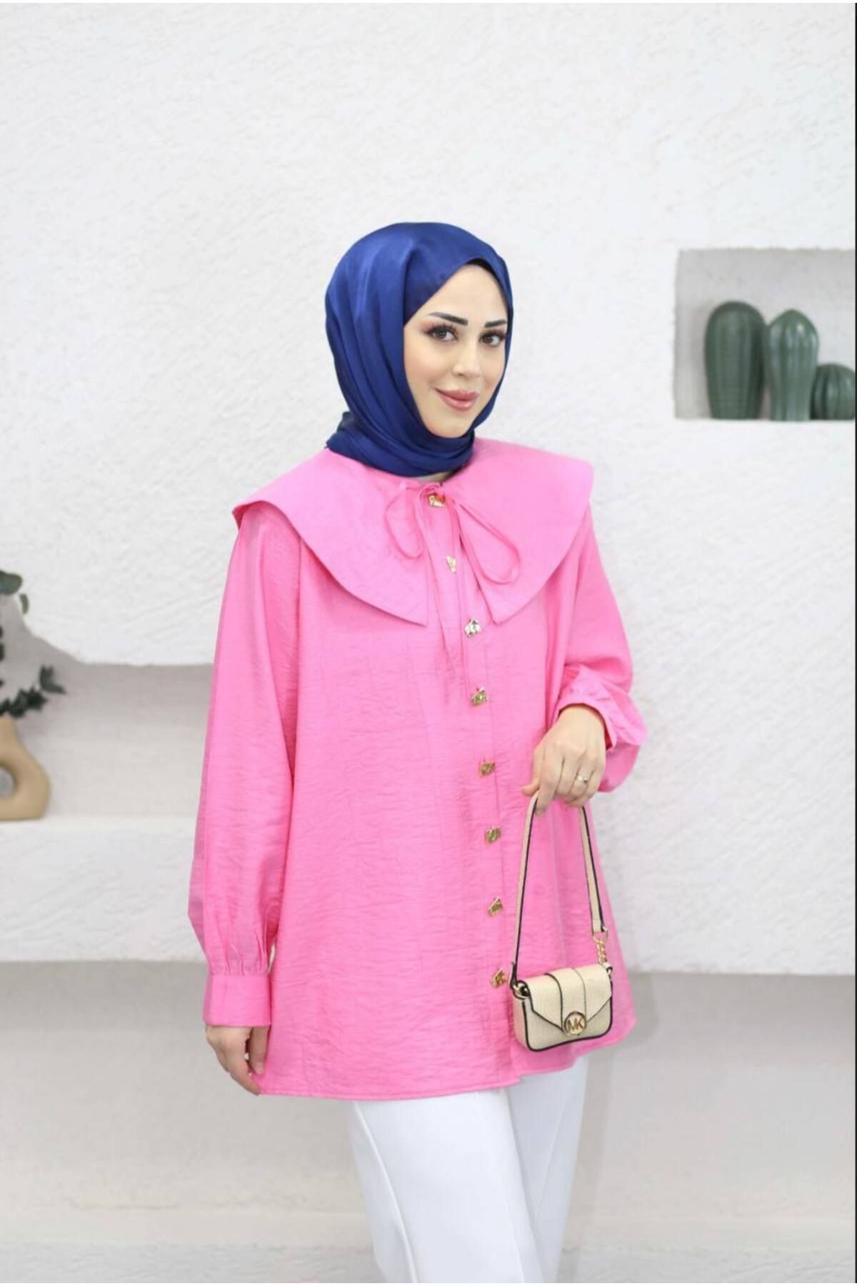 Suede Style 10072 - İplik Bağlamalı Bebe Yaka Kadın Uzun Gömlek