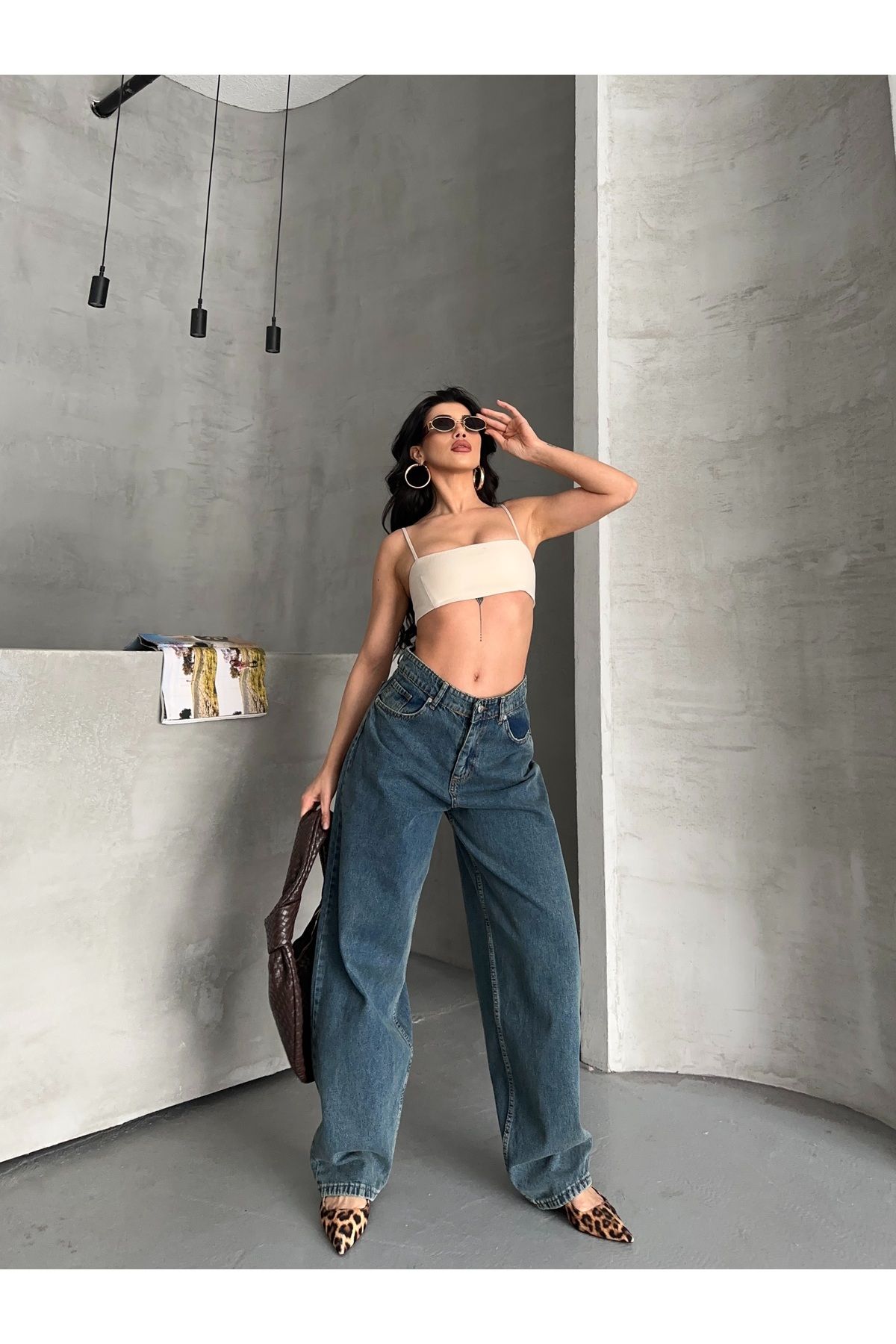 DESTEMODA Kadın Kot Baggy Jeans Denim Pantolon Kar Yıkama Yeşil Tint 4000