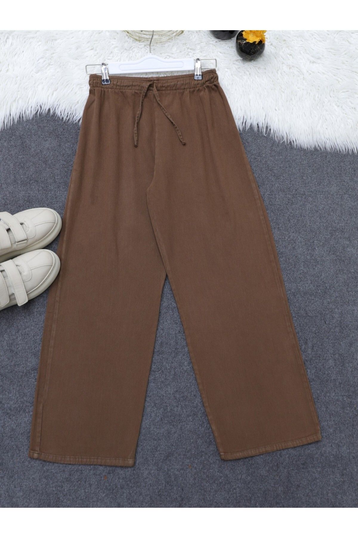 HİJABAYA Bağcık Detaylı Bol Paça Beli Lastikli Keten Pantolon
