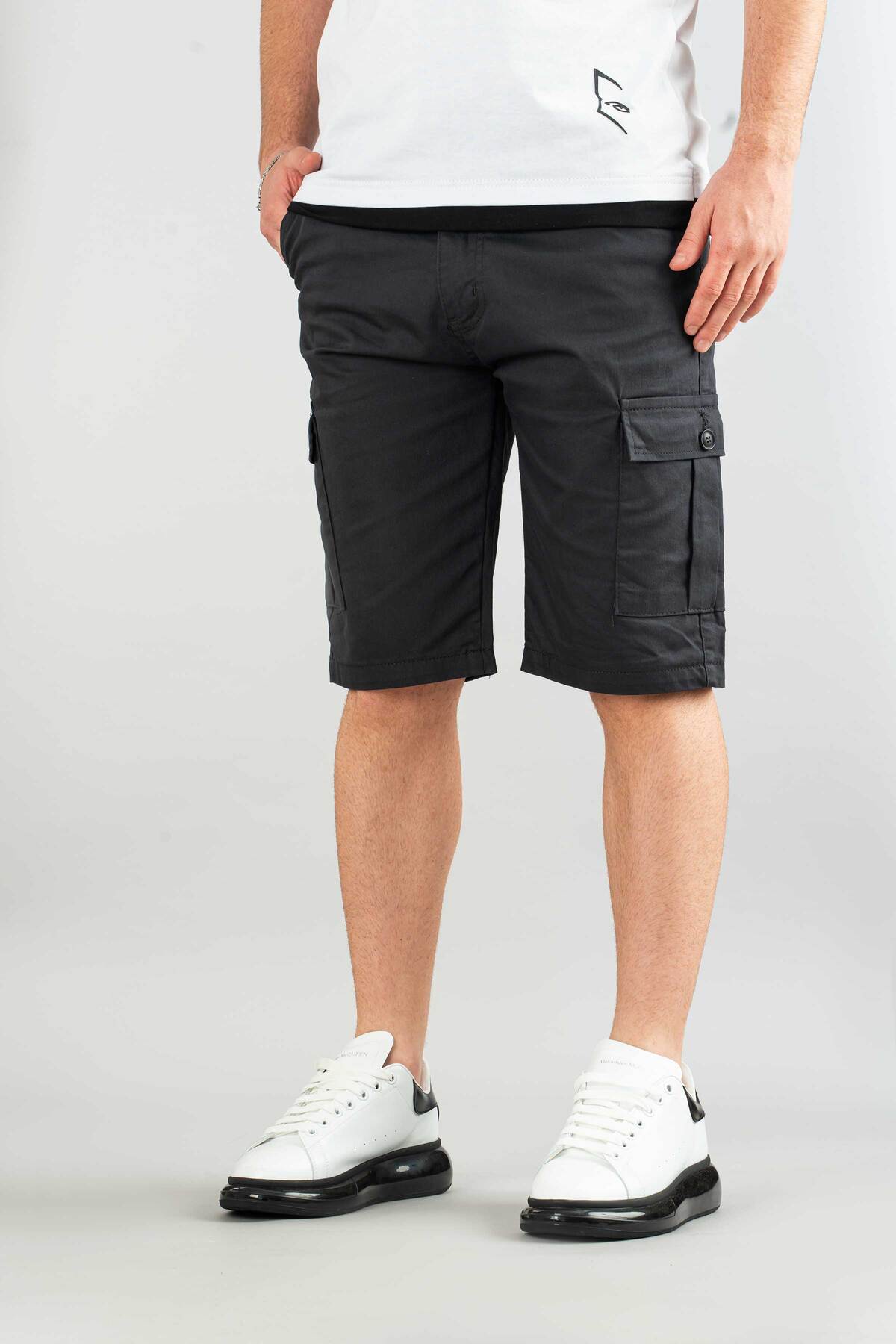 bombe  Erkek Füme Basic Gabardin Bermuda Kanvas Likralı Kargo Cepli Şort - Görsel 3
