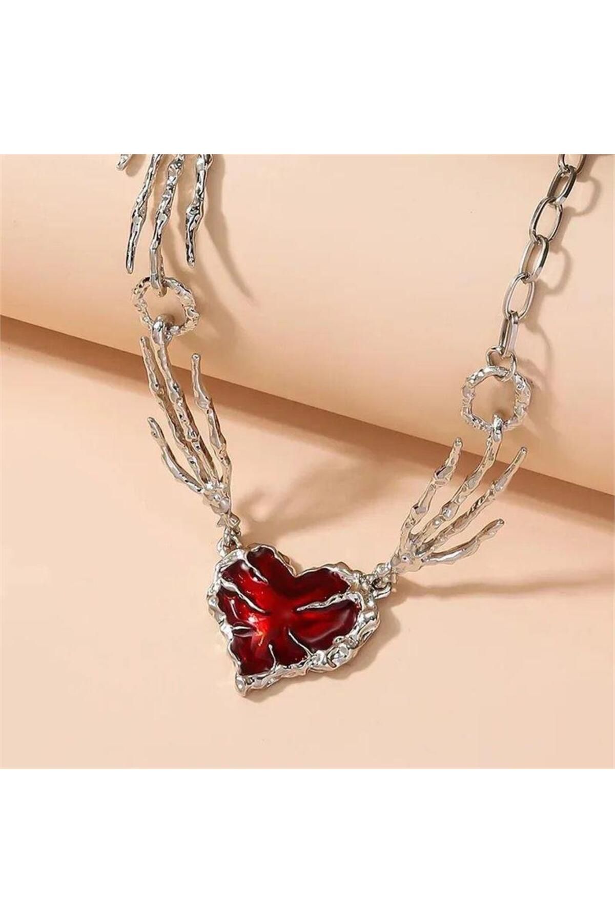 BALİNA Kırmızı Reaper Heart Skeleton Hand Zincirli Kolye
